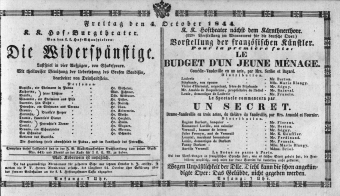 Theaterzettel (Oper und Burgtheater in Wien) 18441004 Seite: 1