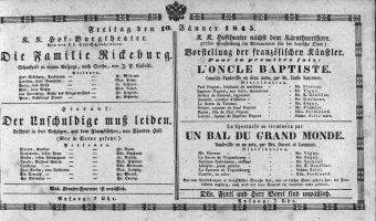 Theaterzettel (Oper und Burgtheater in Wien) 18450110 Seite: 1