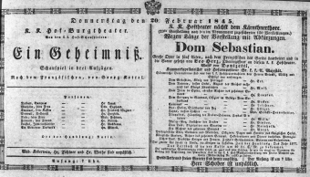 Theaterzettel (Oper und Burgtheater in Wien) 18450220 Seite: 1