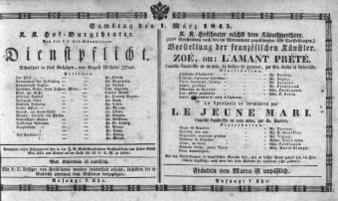 Theaterzettel (Oper und Burgtheater in Wien) 18450301 Seite: 1