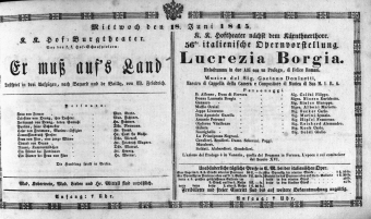 Theaterzettel (Oper und Burgtheater in Wien) 18450618 Seite: 1