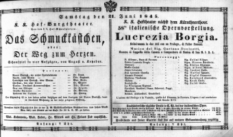 Theaterzettel (Oper und Burgtheater in Wien) 18450621 Seite: 1