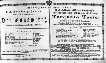 Theaterzettel (Oper und Burgtheater in Wien) 18450623 Seite: 1