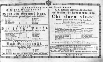 Theaterzettel (Oper und Burgtheater in Wien) 18450626 Seite: 1
