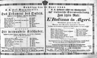 Theaterzettel (Oper und Burgtheater in Wien) 18450628 Seite: 1