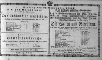 Theaterzettel (Oper und Burgtheater in Wien) 18450926 Seite: 1