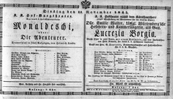 Theaterzettel (Oper und Burgtheater in Wien) 18451111 Seite: 1