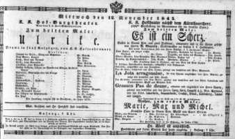 Theaterzettel (Oper und Burgtheater in Wien) 18451112 Seite: 1
