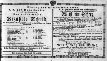 Theaterzettel (Oper und Burgtheater in Wien) 18451117 Seite: 1