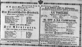 Theaterzettel (Oper und Burgtheater in Wien) 18460206 Seite: 1