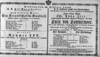 Theaterzettel (Oper und Burgtheater in Wien) 18460210 Seite: 1