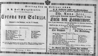 Theaterzettel (Oper und Burgtheater in Wien) 18460213 Seite: 1