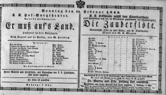 Theaterzettel (Oper und Burgtheater in Wien) 18460215 Seite: 1