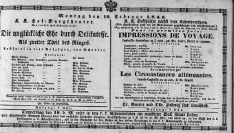 Theaterzettel (Oper und Burgtheater in Wien) 18460216 Seite: 1