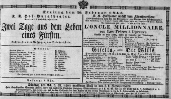 Theaterzettel (Oper und Burgtheater in Wien) 18460220 Seite: 1