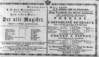 Theaterzettel (Oper und Burgtheater in Wien) 18460302 Seite: 1