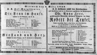 Theaterzettel (Oper und Burgtheater in Wien) 18460304 Seite: 1