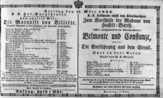 Theaterzettel (Oper und Burgtheater in Wien) 18460313 Seite: 1