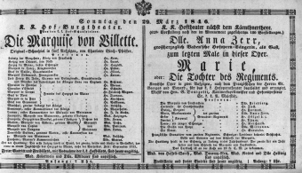 Theaterzettel (Oper und Burgtheater in Wien) 18460329 Seite: 1