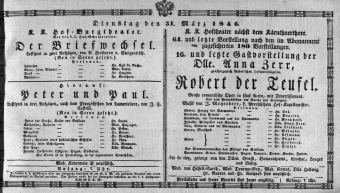 Theaterzettel (Oper und Burgtheater in Wien) 18460331 Seite: 1