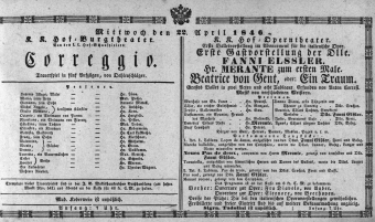 Theaterzettel (Oper und Burgtheater in Wien) 18460422 Seite: 1