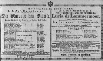 Theaterzettel (Oper und Burgtheater in Wien) 18460424 Seite: 1