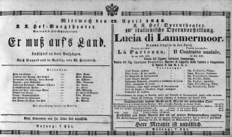 Theaterzettel (Oper und Burgtheater in Wien) 18460429 Seite: 1