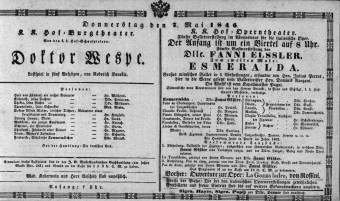 Theaterzettel (Oper und Burgtheater in Wien) 18460507 Seite: 1