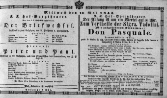 Theaterzettel (Oper und Burgtheater in Wien) 18460513 Seite: 1