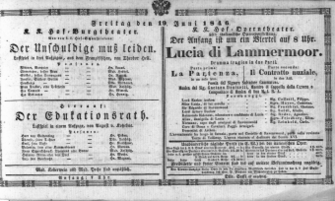 Theaterzettel (Oper und Burgtheater in Wien) 18460619 Seite: 1