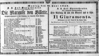 Theaterzettel (Oper und Burgtheater in Wien) 18460622 Seite: 1