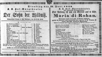 Theaterzettel (Oper und Burgtheater in Wien) 18460623 Seite: 1