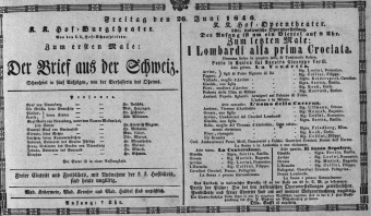 Theaterzettel (Oper und Burgtheater in Wien) 18460626 Seite: 1