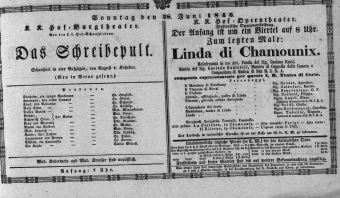 Theaterzettel (Oper und Burgtheater in Wien) 18460628 Seite: 1