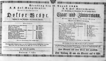 Theaterzettel (Oper und Burgtheater in Wien) 18460811 Seite: 1