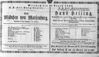 Theaterzettel (Oper und Burgtheater in Wien) 18460812 Seite: 1