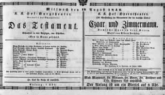 Theaterzettel (Oper und Burgtheater in Wien) 18460819 Seite: 1
