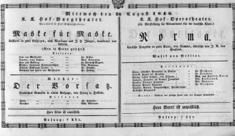 Theaterzettel (Oper und Burgtheater in Wien) 18460826 Seite: 1