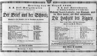 Theaterzettel (Oper und Burgtheater in Wien) 18460828 Seite: 1