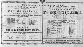 Theaterzettel (Oper und Burgtheater in Wien) 18460905 Seite: 1