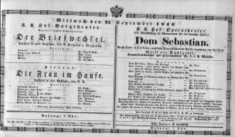 Theaterzettel (Oper und Burgtheater in Wien) 18460923 Seite: 1