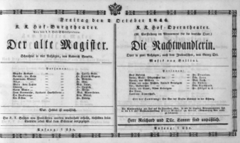 Theaterzettel (Oper und Burgtheater in Wien) 18461002 Seite: 1