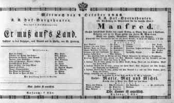 Theaterzettel (Oper und Burgtheater in Wien) 18461007 Seite: 1