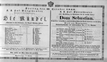 Theaterzettel (Oper und Burgtheater in Wien) 18461030 Seite: 1