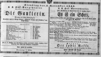 Theaterzettel (Oper und Burgtheater in Wien) 18461103 Seite: 1