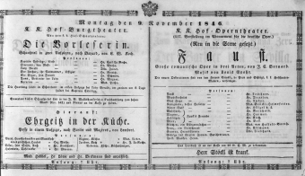 Theaterzettel (Oper und Burgtheater in Wien) 18461109 Seite: 1