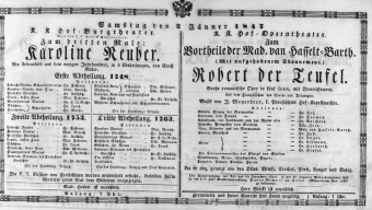 Theaterzettel (Oper und Burgtheater in Wien) 18470102 Seite: 1
