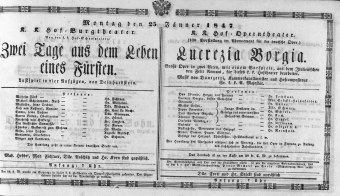 Theaterzettel (Oper und Burgtheater in Wien) 18470125 Seite: 1