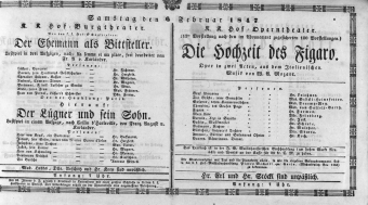 Theaterzettel (Oper und Burgtheater in Wien) 18470206 Seite: 1
