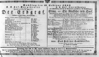 Theaterzettel (Oper und Burgtheater in Wien) 18470213 Seite: 1